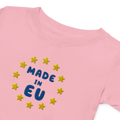Pink "Made in EU" Embroidered Baby T-shirt Front View close-up