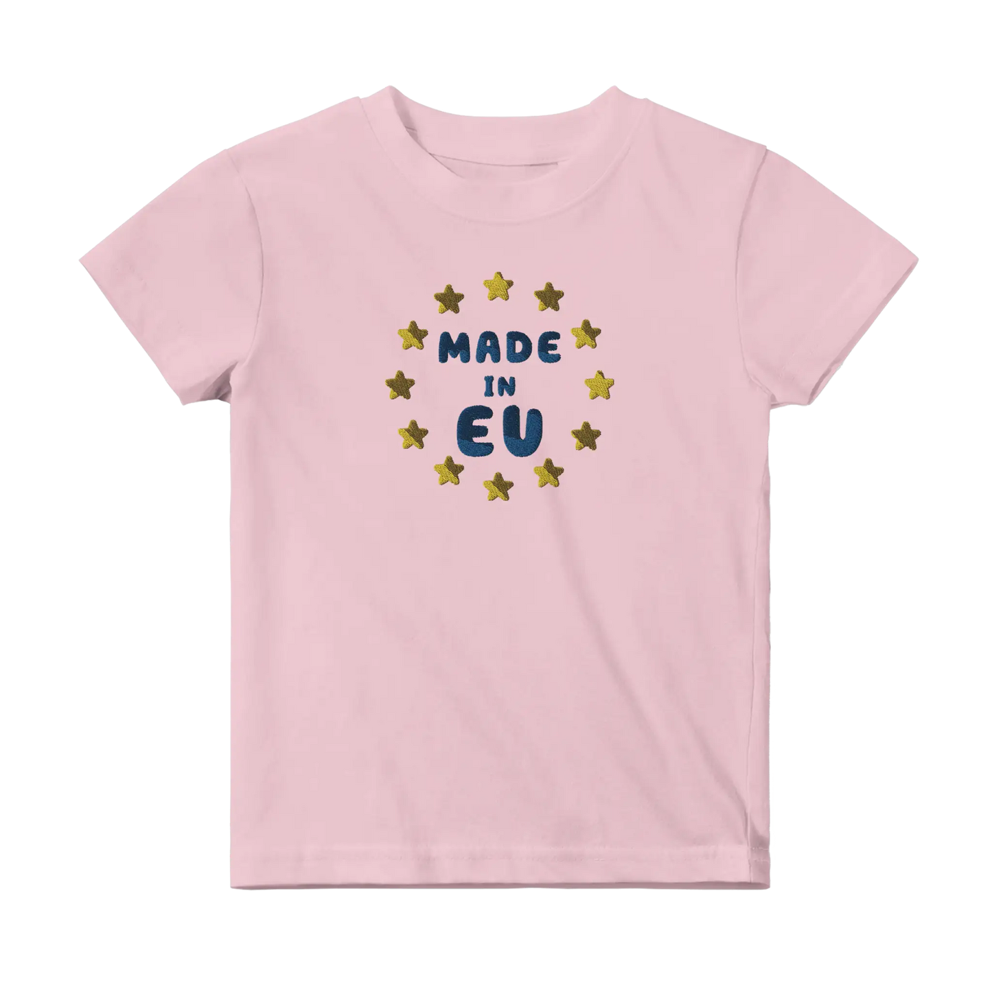 Pink "Made in EU" Embroidered Baby T-shirt Front View