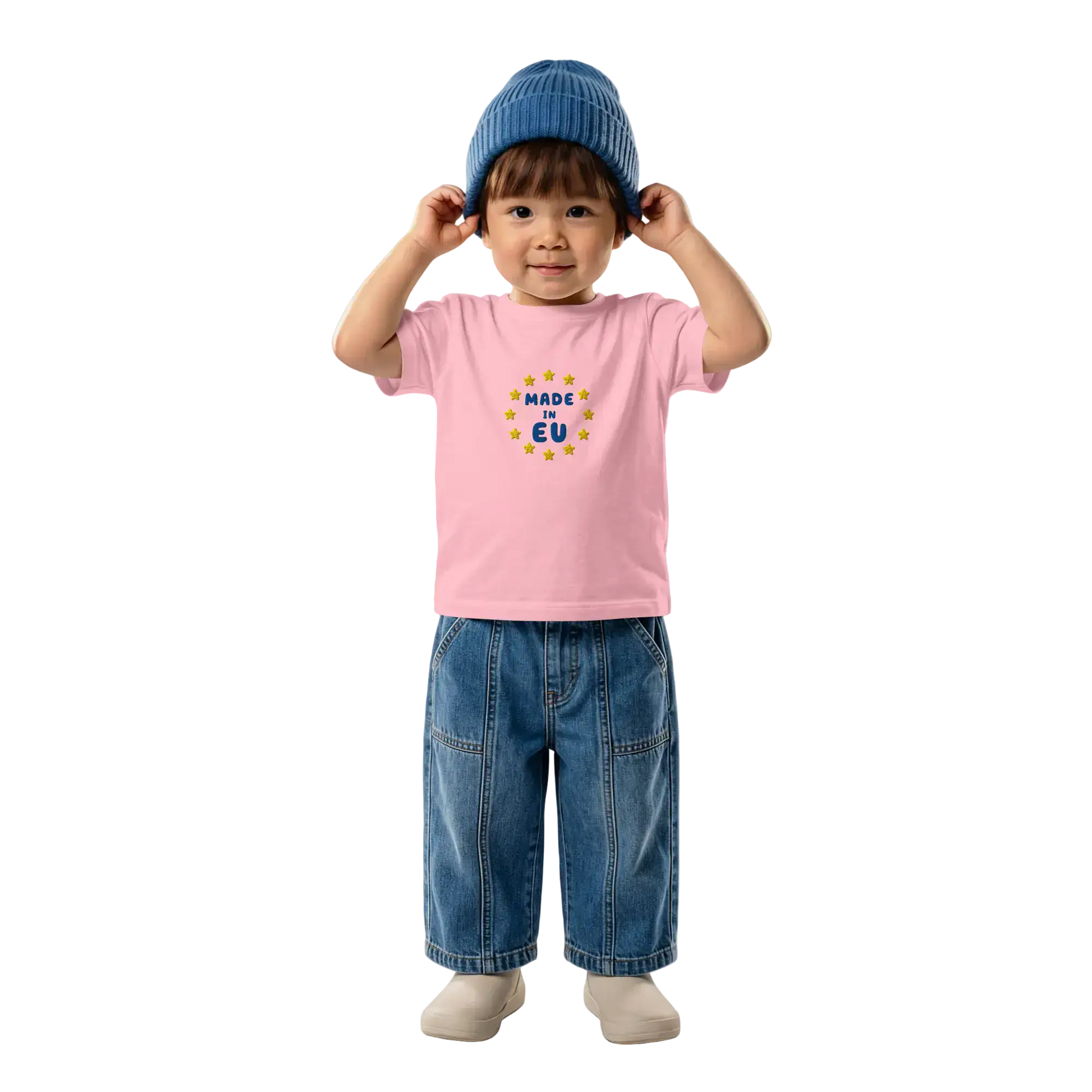 Pink "Made in EU" Embroidered Baby T-shirt on a Boy Front View