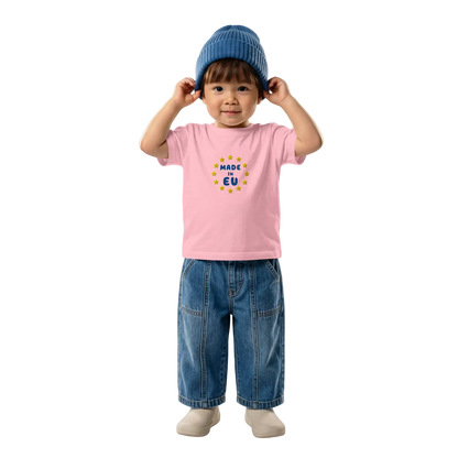 Pink "Made in EU" Embroidered Baby T-shirt on a Boy Front View