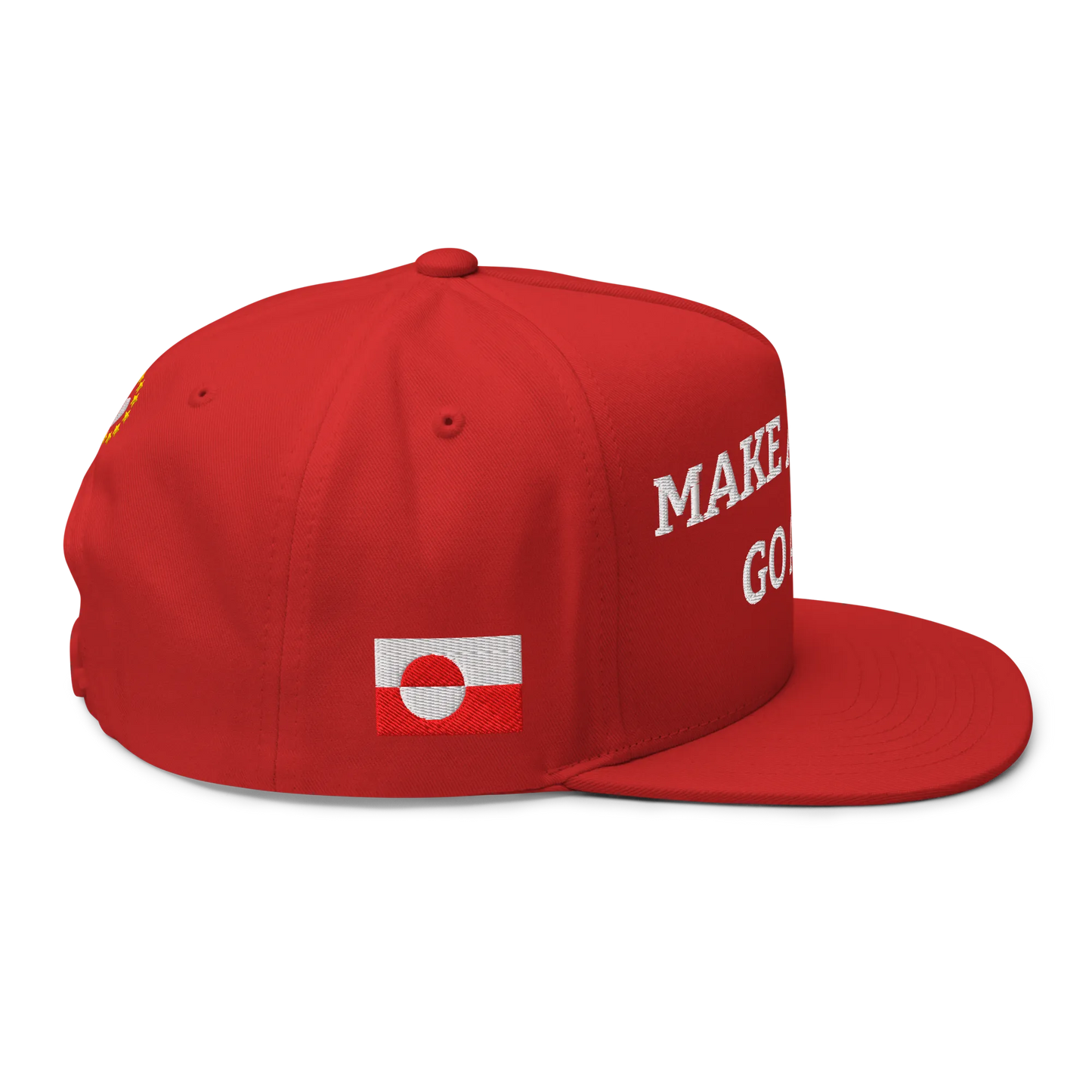 Red "Make America Go Away" / anti-MAGA Cap with Flag of Greenland Right View