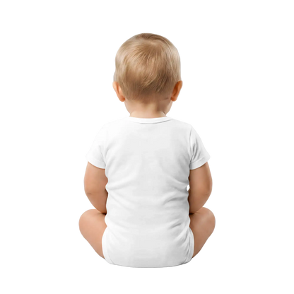 White "Made in EU" Embroidered Baby Bodysuit on a Toddler Back View