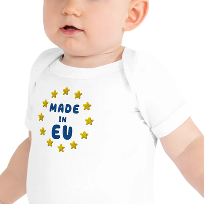 White "Made in EU" Embroidered Baby Bodysuit on a Toddler Front View Close-up