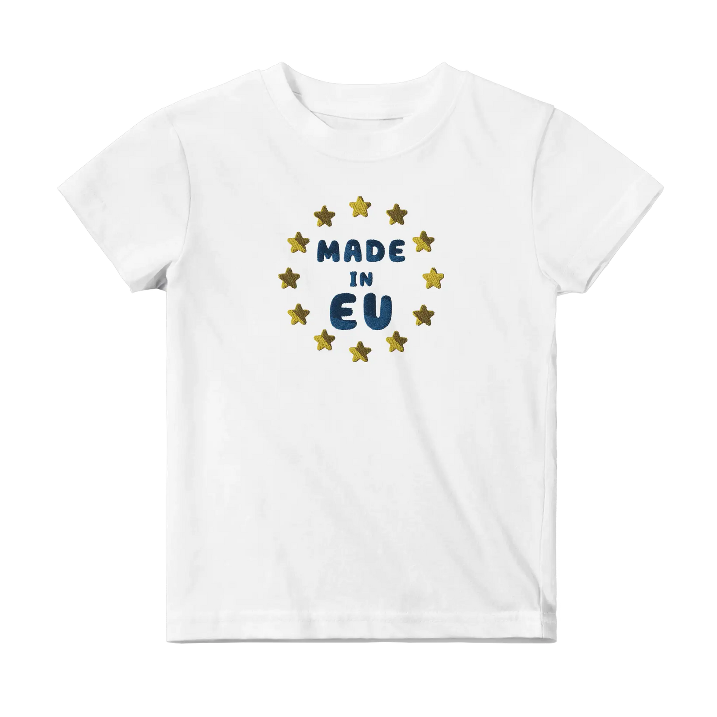 White "Made in EU" Embroidered Baby T-shirt Front View