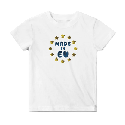 White "Made in EU" Embroidered Baby T-shirt Front View