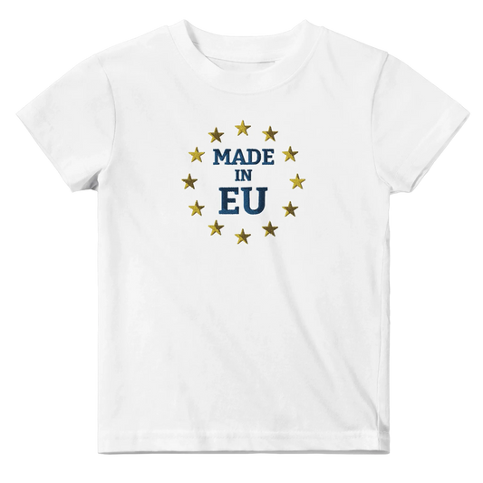 White "Made in EU" Embroidered Baby T-shirt Front View