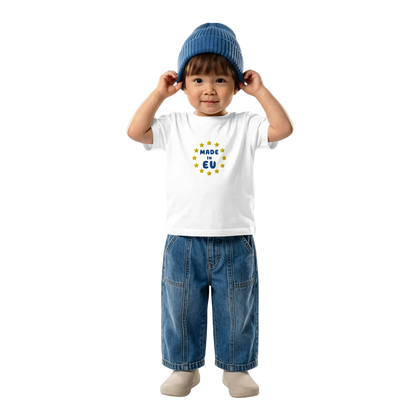 White "Made in EU" Embroidered Baby T-shirt on a Boy Front View