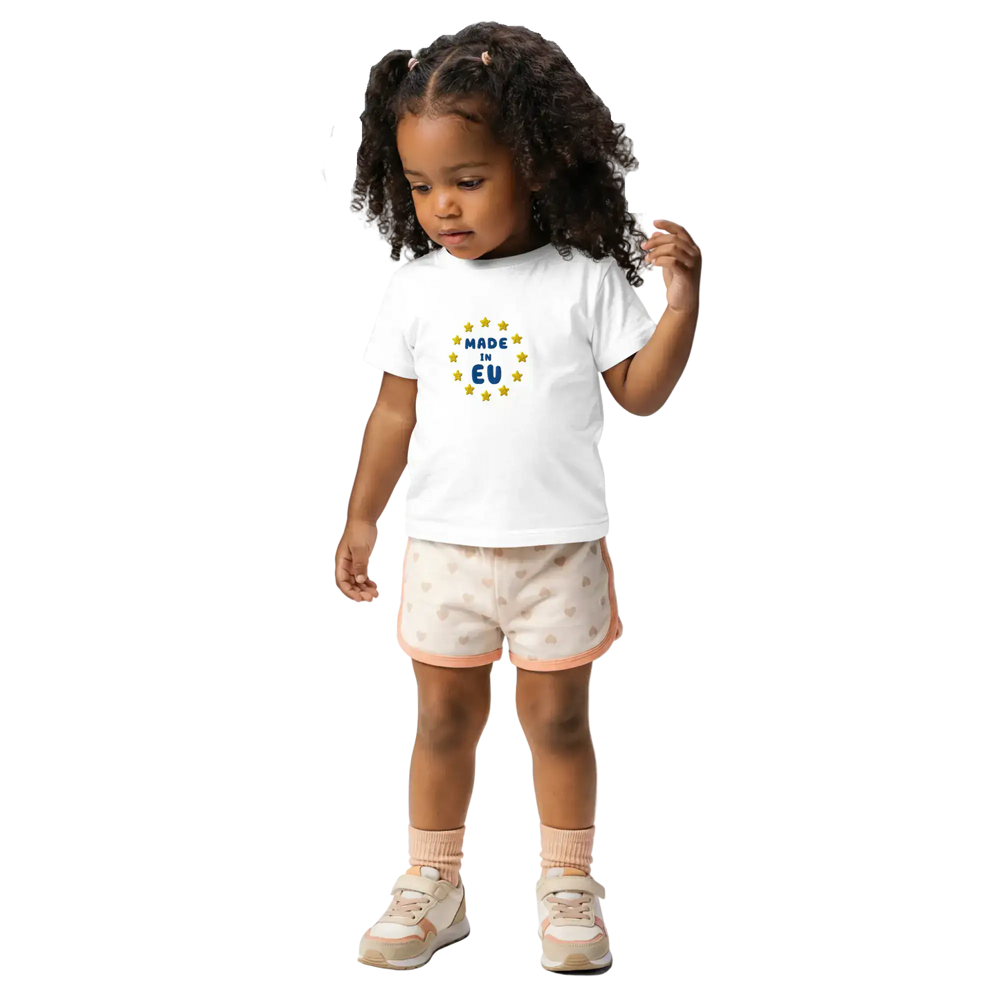 White "Made in EU" Embroidered Baby T-shirt on a Girl Front View