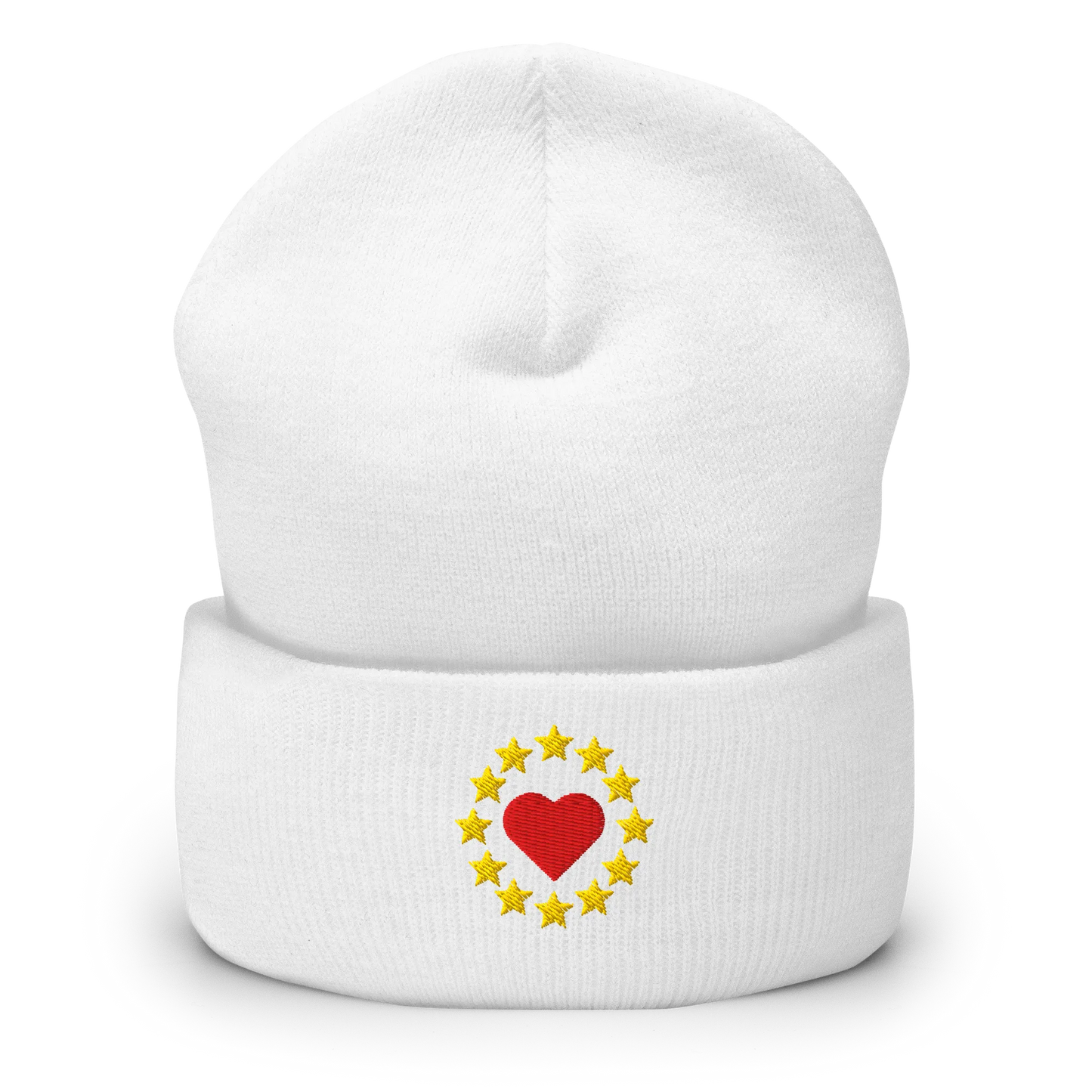 White "Show the Love for Europe" Cuffed Beanie Front View