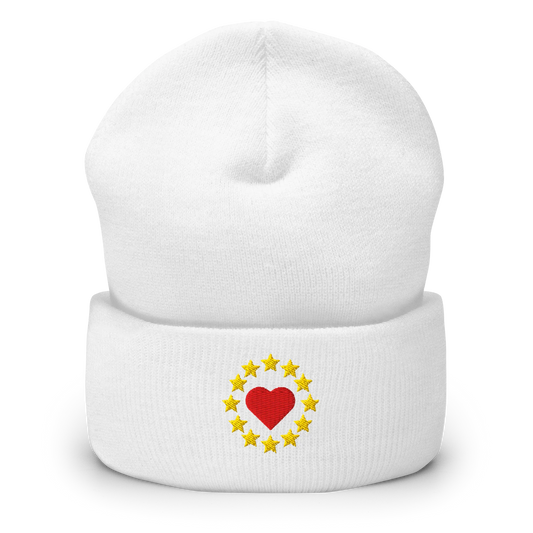 White "Show the Love for Europe" Cuffed Beanie Front View